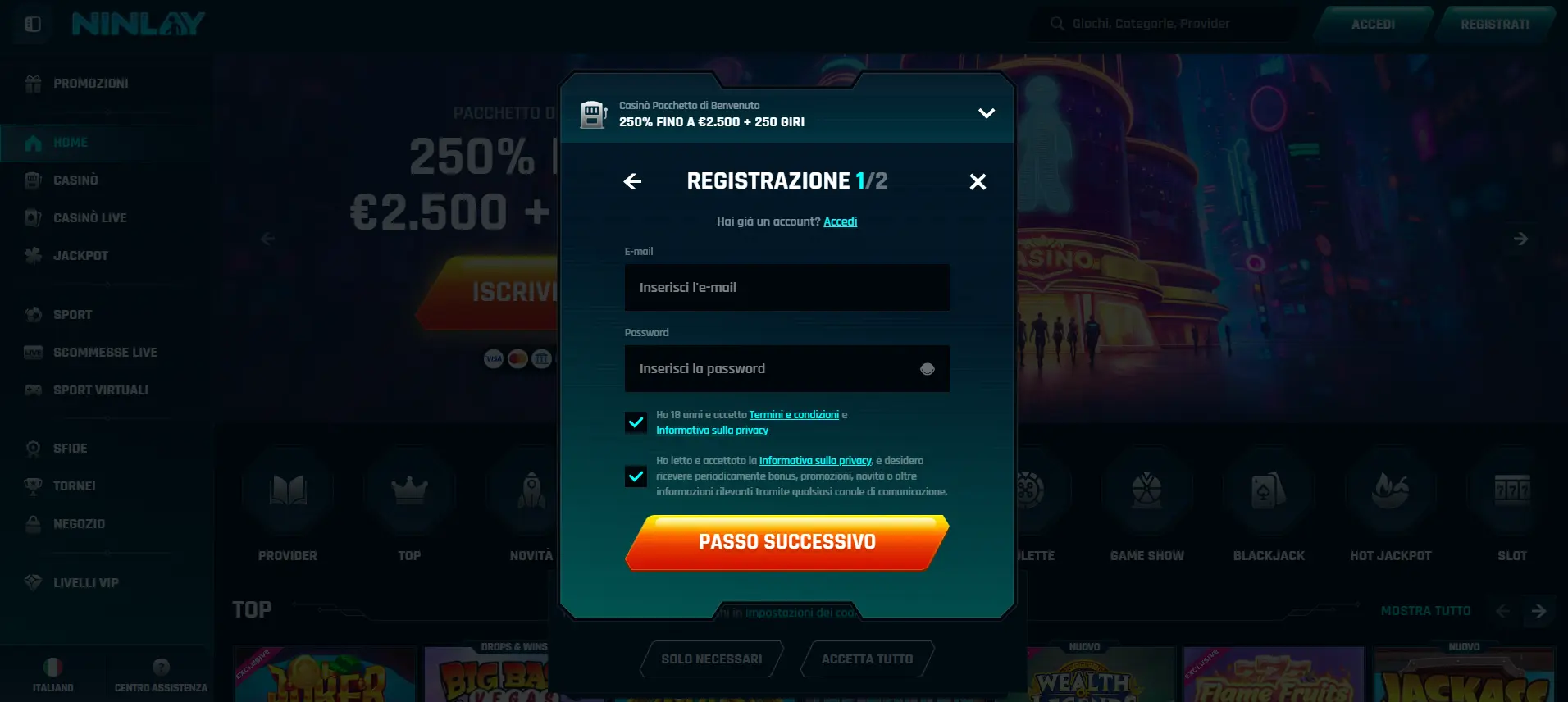 Modulo di registrazione di Ninlay Casino con campi e-mail e password