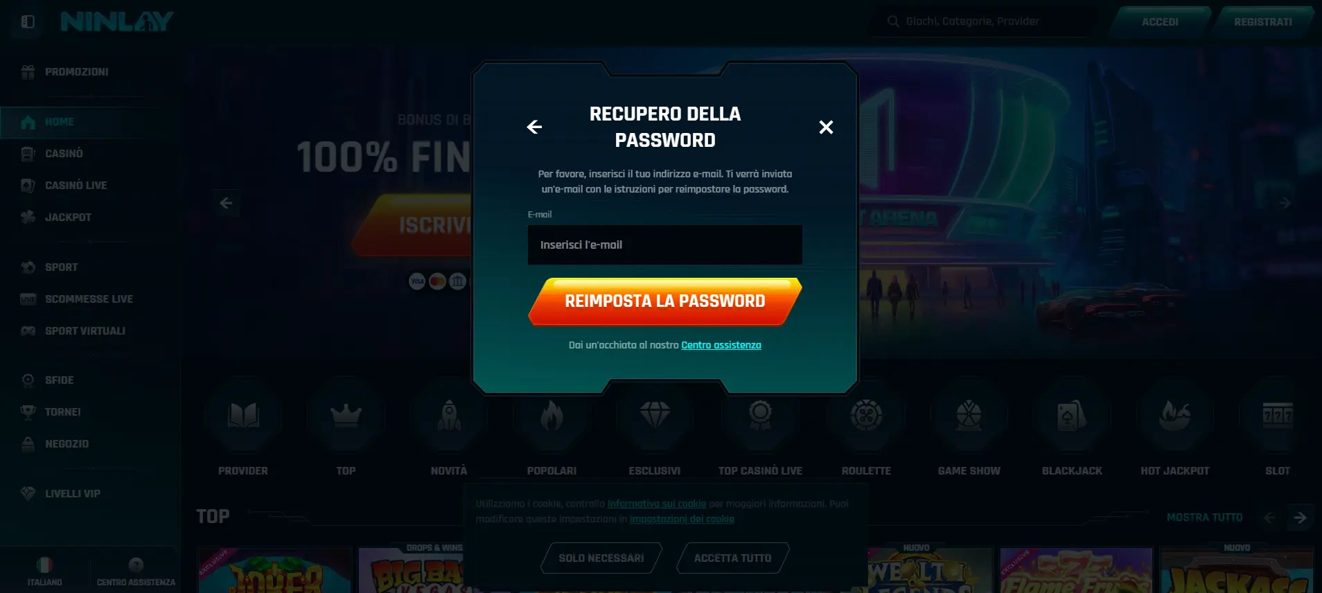 Schermata per il recupero della password di Ninlay Casino