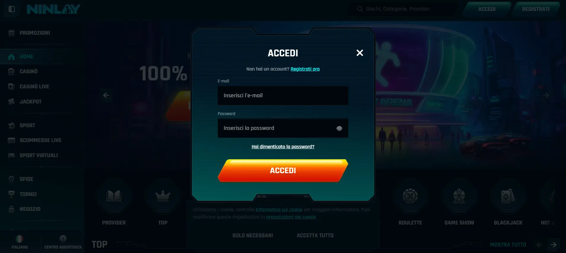 Schermata di login di Ninlay Casino con campi e-mail e password